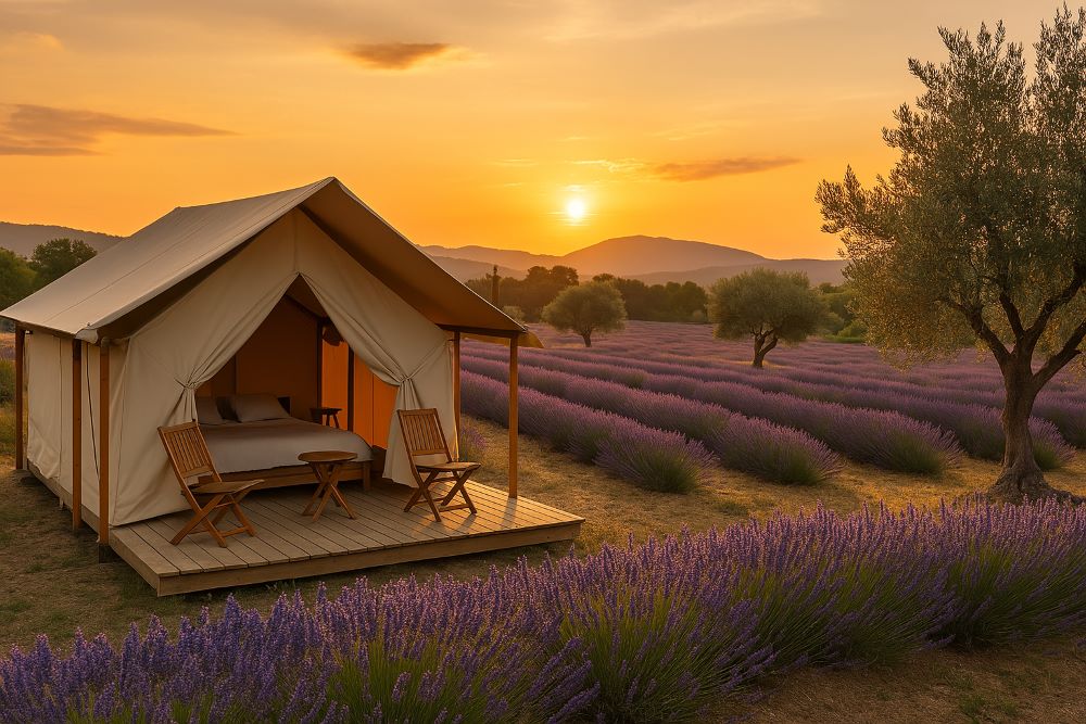 Tente de glamping dans un champ de lavande