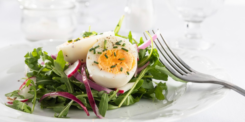 Vue rapprochée d'une salade verte dans une assiettes avec des oeufs durs