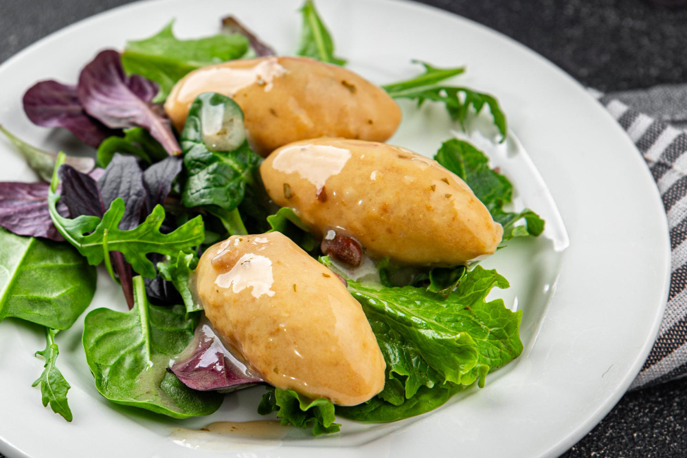 Quenelles sauce forestières dans une assiette sur lit de salade verte
